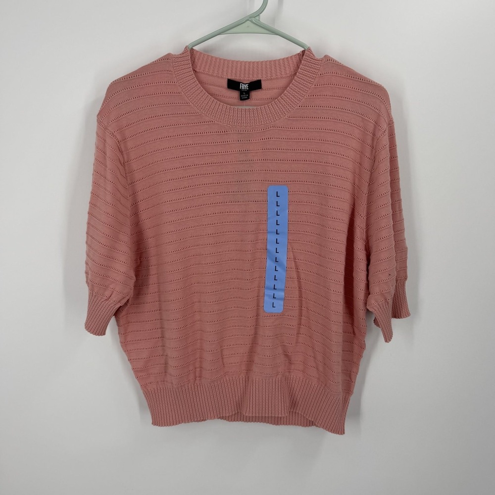 Frye Short Sleeve Sweater Women Size L Pink Pointelle Knit Cotton